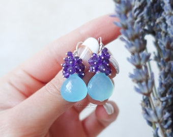 Aqua Chalcedony Earrings, Amethyst Cluster Dangle Earrings, February Birthstone, Sterling Silver, Colorful Gemstone Earrings, Boho, Purple