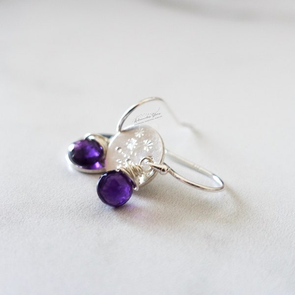 Boucles d'oreilles délicates améthyste en argent sterling, disque céleste étoilée, quartz pierre naturelle violette, cadeau minimaliste