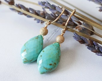 Kingman Turquoise Earrings, Gold Filled Gemstone Earrings, Natural Turquoise December Birthstone, Simple Drop Earrings, Boho Jewelry Gift