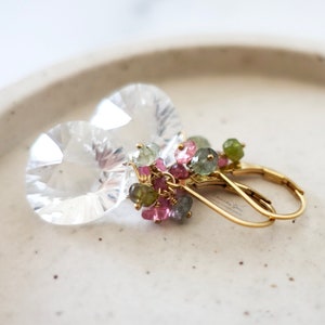 Quartz Earrings Tourmaline Cluster, Gold Fill Lever Backs, Trillion Cut Clear Gemstone, Green & Pink Tourmaline, Sparkly Gem Big Earrings