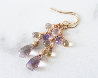 Ametrine earrings, gold filled gemstone earrings, amethyst citrine long earrings, lavender purple dangle earrings, dainty feminine jewelry