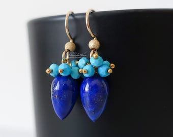 Lapis lazuli earrings, inverted drops, lapis earrings, turquoise cluster, royal blue gemstone, colorful earrings, gold twilight jewelry