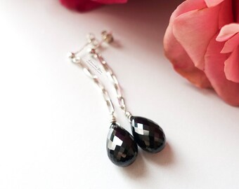 Black Spinel Sterling Silver Dangle Earrings, Modern Jewelry