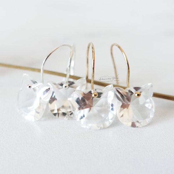 Boucles d'oreilles chat kawaii en argent sterling, Bijoux en forme de chat en quartz clair, pierre naturelle, Boho et simple, mignonnes ,