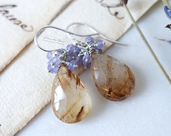 Rutilated Quartz Earrings, Tanzanite Cluster Earrings, Golden Quartz Drop Earrings, Sterling Silver, Gold Gemstone, Feminine Boho Jewelry