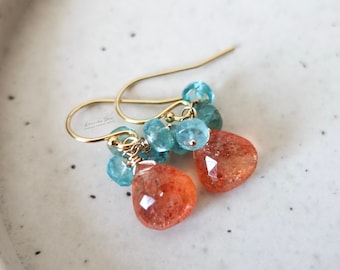 Gold Fill Sunstone Apatite Earrings, Iridescent Orange Gemstone Jewelry