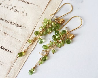 Peridot Dangle Earrings, Long Vermeil Rose Ear Wires, August Peridot Drop Long Earrings, Ornate Green Gemstone Jewelry, Pearl Cluster