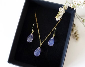 Lavender Quartz Jewelry Set, Gold Filled Necklace and Earrings