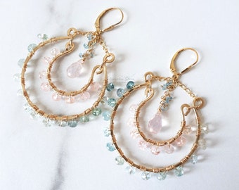 Shaded Aquamarine Chandelier Earrings, Gold Fill Big Horse Shoe Wire Wrapped Earrings, Blue Gemstone, Pink Morganite Beaded Jewelry, Boho