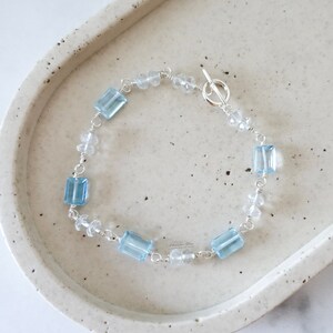 Sky Blue Topaz Bracelet, Sterling Silver Beaded Bracelet, Simple and Dainty Jewelry, Semi Precious Gemstone Rectangle Beads, Classic Toggle image 3