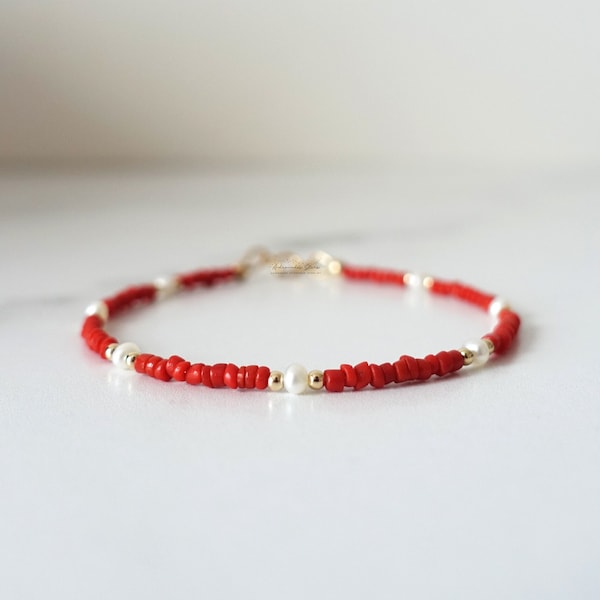 Italian Red Coral Bracelet, Pearl Gold Fill Stacking Bracelet, Delicate and Dainty Heshi Beads, Layering Bracelet, Colorful Summer Jewelry