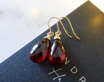 Garnet Drop Earrings, Red Gemstone, Gold Fill Sparkle Ear Hooks, Spessartite Garnet, January Birthstone Gift, Simple Cocktail Jewelry