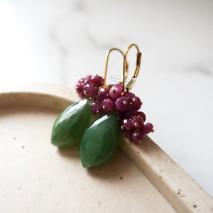 Green Jade Ruby Cluster Earrings, Gold Fill Lever Backs