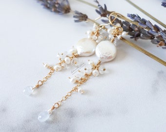 Coin Pearl Dangle Earrings, Moonstone Gold Fill Bridal Earrings, White Pearl June Birthstone, Gemstone Cluster Wedding Earrings, Boho Bride