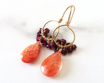 Sunstone Earrings, Garnet Cluster Earrings, Gold Fill Circle Earrings, Orange Gemstone Dangle Earrings, Boho Summer Jewelry Gift for Her