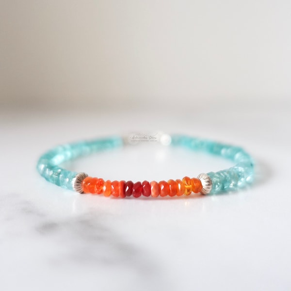 Bracelet perlé d'opale de feu mexicain dégradée et apatite bleu fluo, pierre naturelle rouge, bracelet superposable en argent sterling
