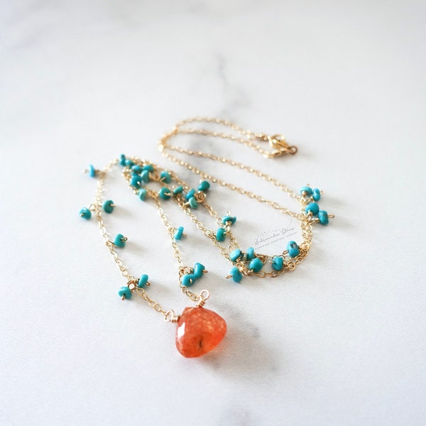 collier long pendentif pierre de soleil, collier superposable pierre naturelle orange, bijoux turquoise en or gold fill, fil enroulé