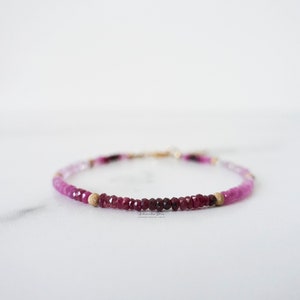 Ruby Stacking Bracelet, July Birthstone Beaded Bracelet, Red Precious Gemstone Layering, Ombre Color, Gold Filled Valentine&#39;s Day Jewelry
