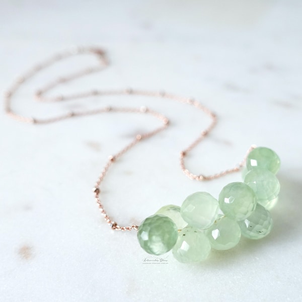 Collier Préhnite en Or Rose, Grappe de Pierre Semi Précieuse Verte, Pendentif Barre, Collier Féminine Bijoux Fantaisie Fait Main