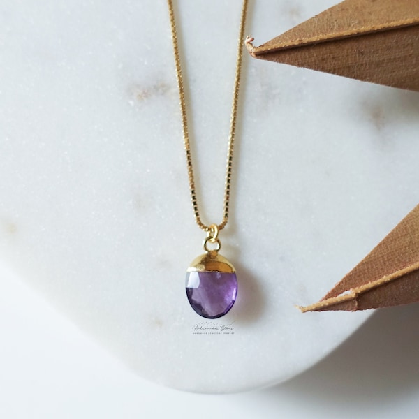 collier améthyste, quartz violet pendentif en or vermeil, collier simple bohémien, gemme pourpre, pierre semi précieuse argent 925