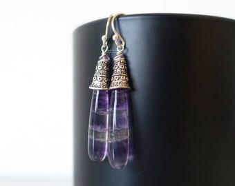 Fluorite Earrings, Bali Earrings, Balinese Oxidized Sterling Silver, Striped Fluorite, Purple Gemstone Drop Earrings, Ethnic Boho Jewelry