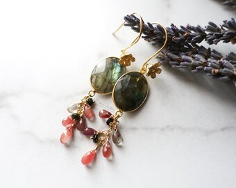 Long Labradorite Dangle Earrings, Red Andesine, Gold Vermeil Floral Wires