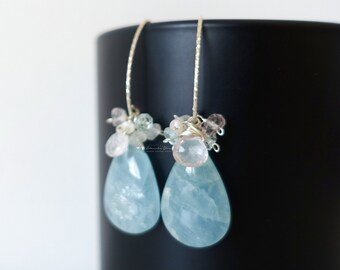 aquamarine sterling silver earrings, rose quartz moonstone cluster, sparkle V ear wires, big aquamarine drop earrings, March birthstone