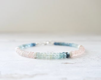Shaded Aquamarine Beaded Bracelet, Pink Morganite Layering Bracelet, Sterling Silver Stacking Bracelet, Ombre Blue Gemstone Beryl Jewelry