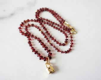 Red Silk Knotted Necklace, Asymmetric Garnet Beaded Layering Necklace, Gold Starburst Padlock Pendant, Cubic Zirconia Star Charm Jewelry