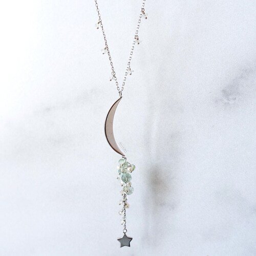 Crescent Moon Necklace, Silver Aquamarine Y Necklace, Moon and Star Charm, Moon Magic Boho Jewelry, March Birthstone, shops Sterling Silver Lariat