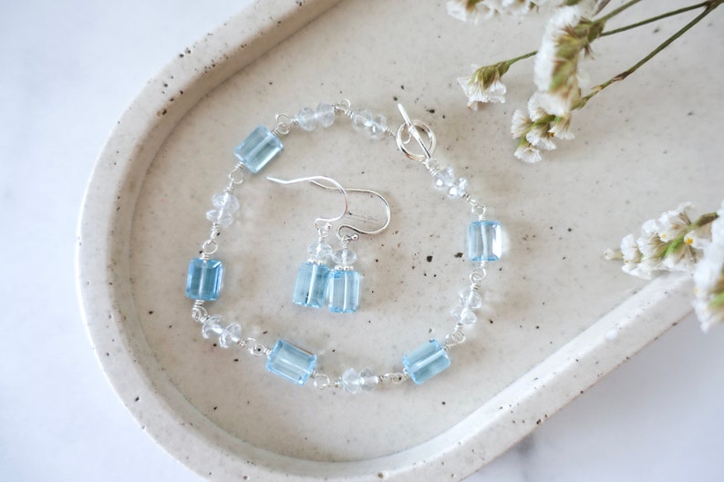 Sky Blue Topaz Bracelet, Sterling Silver Beaded Bracelet, Simple and Dainty Jewelry, Semi Precious Gemstone Rectangle Beads, Classic Toggle image 1