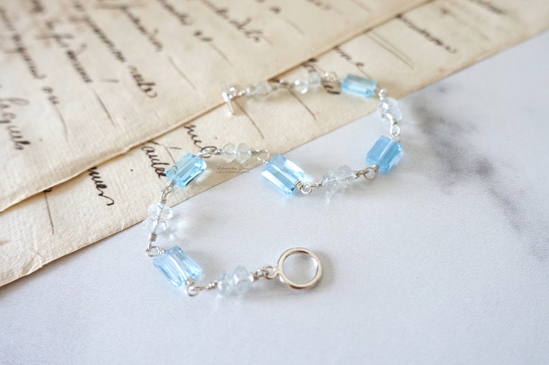 Sky Blue Topaz Bracelet, Sterling Silver Beaded Bracelet, Simple and Dainty Jewelry, Semi Precious Gemstone Rectangle Beads, Classic Toggle image 2