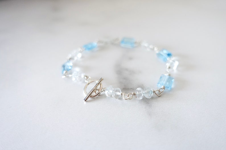 Sky Blue Topaz Bracelet, Sterling Silver Beaded Bracelet, Simple and Dainty Jewelry, Semi Precious Gemstone Rectangle Beads, Classic Toggle image 4
