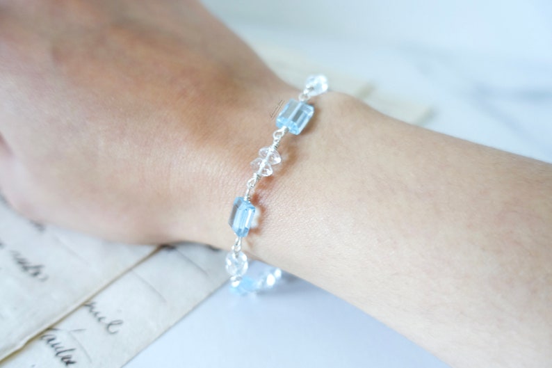 Sky Blue Topaz Bracelet, Sterling Silver Beaded Bracelet, Simple and Dainty Jewelry, Semi Precious Gemstone Rectangle Beads, Classic Toggle image 5