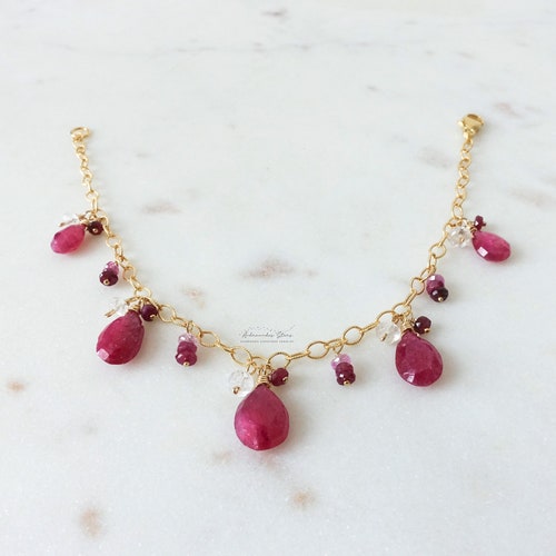 Ruby Bracelet, Gold Fill Red Gemstone, Hand Beaded Dangle Bracelet, July Birthstone Dainty Jewelry, Short Bracelet Small shops Wrist, Dainty