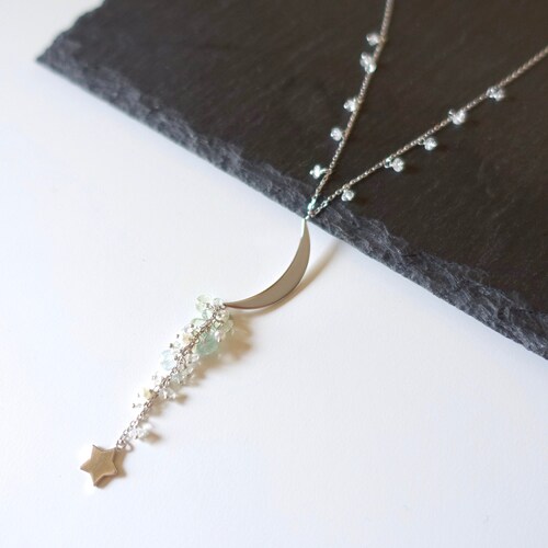 Crescent Moon Necklace, Silver Aquamarine Y Necklace, Moon and Star Charm, Moon Magic Boho Jewelry, March Birthstone, shops Sterling Silver Lariat