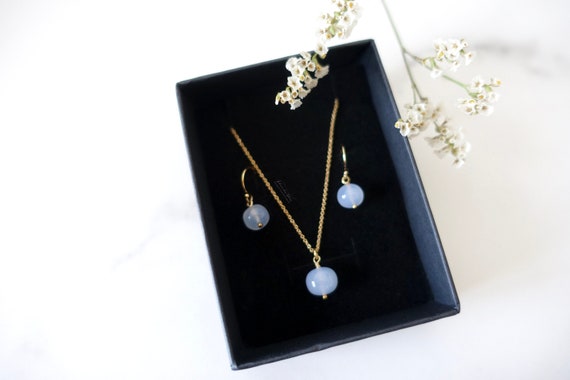 Natural Chalcedony Jewelry Set, Chalcedony Necklace, Blue Gemstone Earrings, Matching Necklace Set, Gold Filled Pendant Necklace, Minimalist