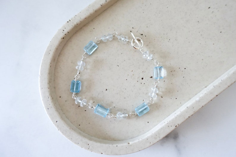 Sky Blue Topaz Bracelet, Sterling Silver Beaded Bracelet, Simple and Dainty Jewelry, Semi Precious Gemstone Rectangle Beads, Classic Toggle image 3