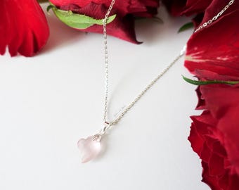 Collar con colgante de corazón de cuarzo rosa, joyería de plata de ley con amor.