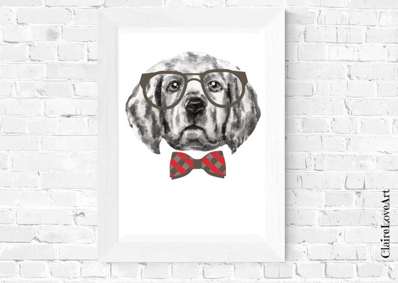 Funny Dog Art Dog Bow Tie Hipster Dog Dog Art Animals With Glasses Dog Poster Dog Watercolor Cute Animal Print Black And White Print Digital Prints Art & Collectibles Sibawor.id