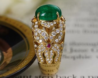 Diamond Emerald Ring/ 18k Solid Gold/Danity Charm Ring/Gift for her/Mother's day/Annivesary gift/Vintage Buccellati style