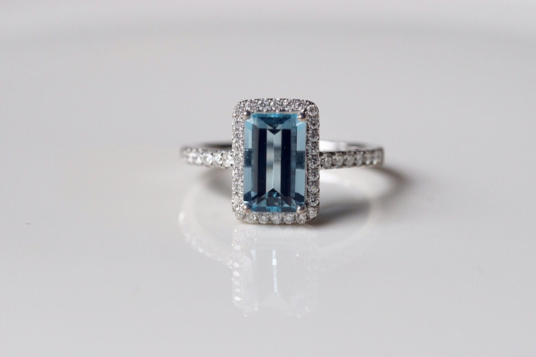 Aquamarine engagement ring, emerald cut aquamarine ring, genuine natural aquamarine ring with diamond, March birthstone ring white gold 18K