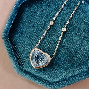 Aquamarine Pendant heart shape necklace, Birthstone Aquamarine necklace 18k White Gold, heart Gemstone and Diamonnd Pendant bridal jewelry