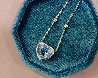 Aquamarine Pendant heart shape necklace, Birthstone Aquamarine necklace 18k White Gold, heart Gemstone and Diamonnd Pendant bridal jewelry