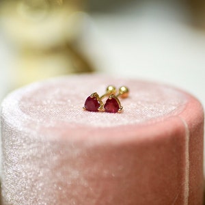 18k ruby stud earrings, screw back earrings, small studs, gold stud earrings, cartilage studs,heart shape ruby,Birthstone Anniversary Gift