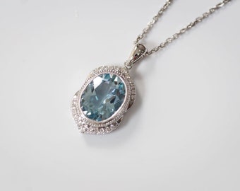 Aquamarine oval cut aquamarine pendant, genuine natural aquamarine necklace with diamond, March birthstone ring white gold 18K