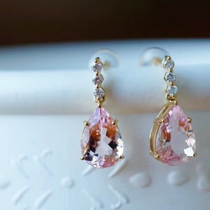 Morganite Earring, Morganite pear cut stud gold 18K, simple earring precious stones earring, Gatsby Bridal Anniversary Gift for her