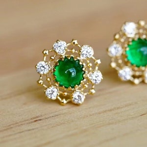 Emerald Diamond Earrings/Danity Vintage Ear Jacket/18k Solid Gold Stud /Fine Jewelry/Gift for her /Mother's day /Annivesary gift