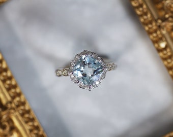 Aquamarine Engagement Ring Halo Diamond Side stone 2.1 Carats Cushion Cut natural gemstone Proposal Ring in 18K White Gold