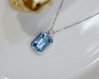 Aquamarine Pendant necklace, Birthstone Aquamarine necklace 18k White Gold, Square Emerald cut Gemstone and Diamonnd Pendant bridal jewelry